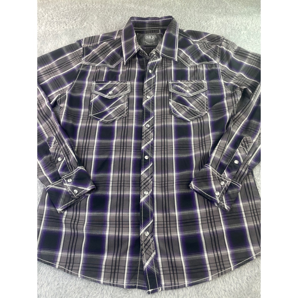 BKE Button Down Shirt Mens L Purple Plaid Athletic Fit Western Pearl Snap Cotton